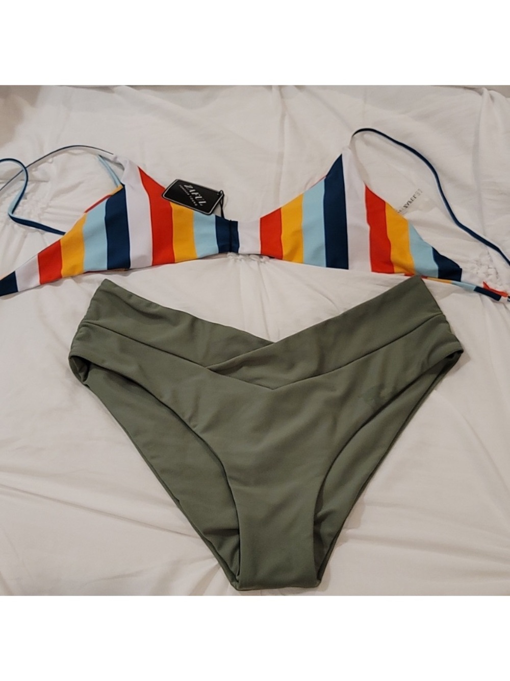 Zaful Multicolor Striped Triangle Bikini Top with Olive Green V-Waist Bottoms